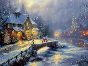 Landscapes Painting - Original Artwork Snow Winter Style of Thomas Kinkade Canvas Art Christmas winter